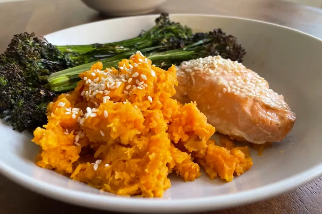 Sesame Salmon With Sweet Potato Mash & Broccoli