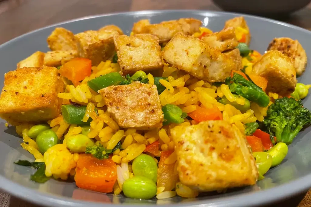 Tofu, Turmeric Rice With Edamame Beans